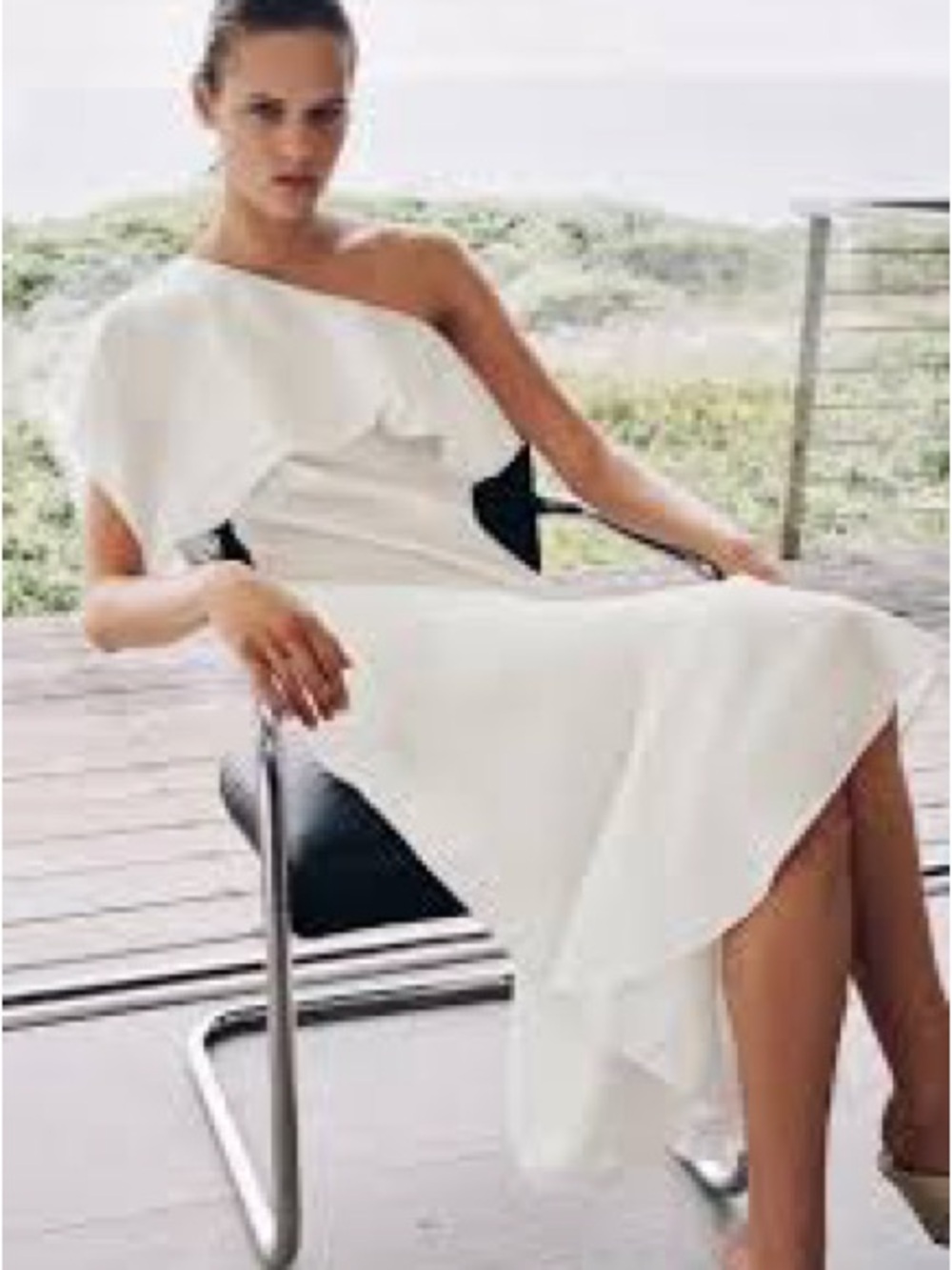 Zara White Asymmetric One-Shoulder Ruffle Midi Dress